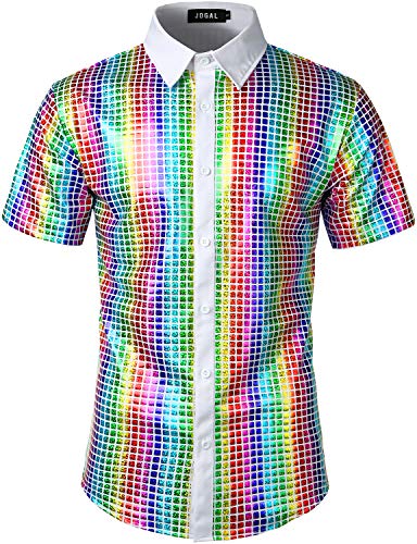 JOGAL Herren Pailletten Kleid Shirt 70er Disco Party Kustüm Small Weiß Mehrfarbig von JOGAL