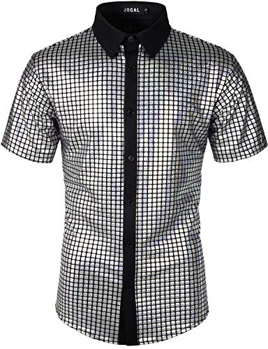 JOGAL Herren Pailletten Kleid Shirt 70er Disco Party Kustüm X-Large Silber von JOGAL