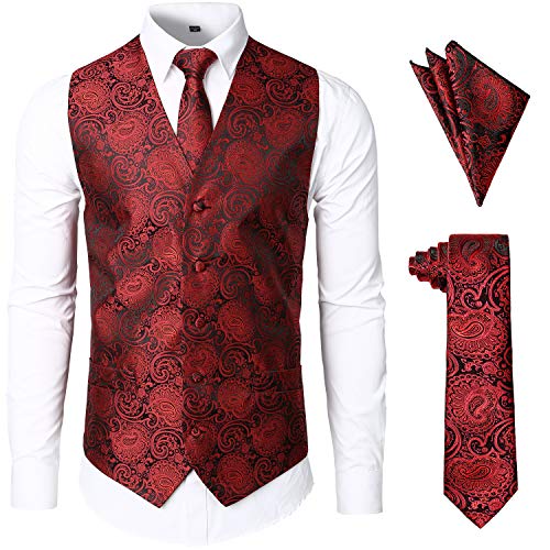 JOGAL Herren Anzugweste Paisley Krawatte Einstecktuch Taschentuch Jacquard Weste Anzug Set Männer Smoking Herrenwesten 3X-Large RotSchwarz von JOGAL