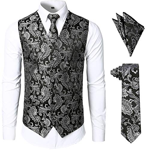 JOGAL Herren Anzugweste Paisley Krawatte Einstecktuch Taschentuch Jacquard Weste Anzug Set Männer Smoking Herrenwesten 3X-Large SchwarzSilber von JOGAL