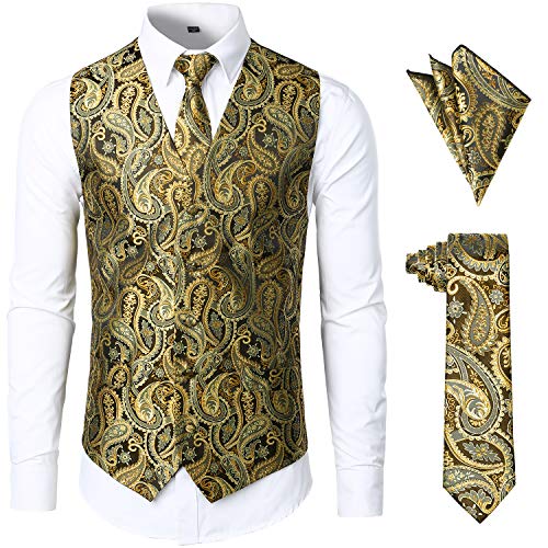 JOGAL Herren Anzugweste Paisley Krawatte Einstecktuch Taschentuch Jacquard Weste Anzug Set Männer Smoking Herrenwesten Large GelbSchwarz von JOGAL