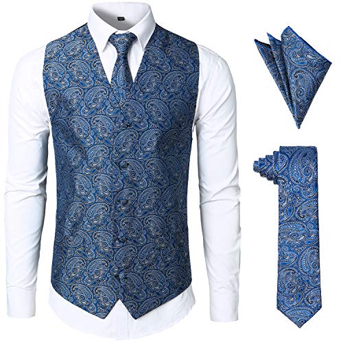 JOGAL Herren Anzugweste Paisley Krawatte Einstecktuch Taschentuch Jacquard Weste Anzug Set Männer Smoking Herrenwesten Large Königsblau von JOGAL