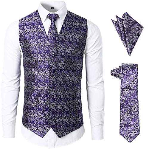 JOGAL Herren Anzugweste Paisley Krawatte Einstecktuch Taschentuch Jacquard Weste Anzug Set Männer Smoking Herrenwesten Small LilaSilber von JOGAL