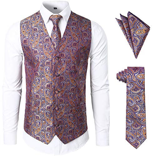 JOGAL Herren Anzugweste Paisley Krawatte Einstecktuch Taschentuch Jacquard Weste Anzug Set Männer Smoking Herrenwesten XX-Large RosaLila von JOGAL