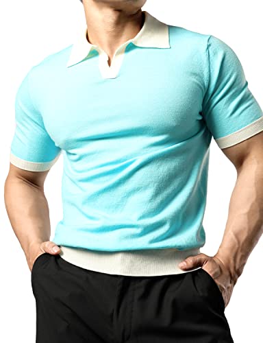 JOGAL Herren Poloshirt Kurzarm Slim Fit Gestricktes Golf Polo Hemd Männer Einfarbig Sport Sommerhemd T-Shirt Himmelblau M von JOGAL