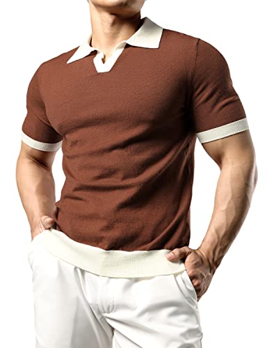 JOGAL Herren Poloshirt Kurzarm Slim Fit Gestricktes Golf Polo Hemd Männer Einfarbig Sport Sommerhemd T-Shirt RotBraun S von JOGAL