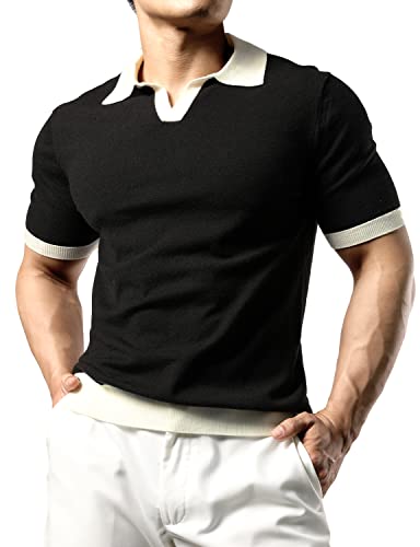 JOGAL Herren Poloshirt Kurzarm Slim Fit Gestricktes Golf Polo Hemd Männer Einfarbig Sport Sommerhemd T-Shirt Schwarz XXL von JOGAL