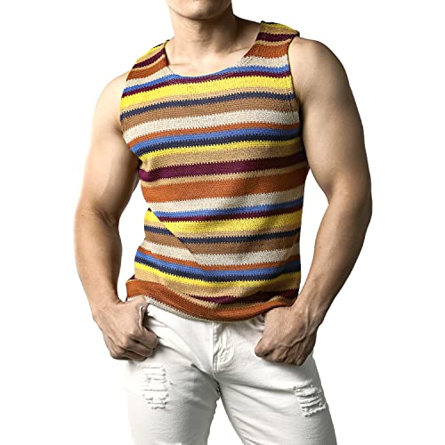 JOGAL Herren Regenbogen Gestreifte Ärmellos Hemd Mehrfarbig Freizeit Tank Tops Braun Groß von JOGAL