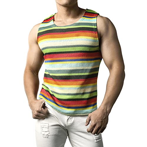 JOGAL Herren Regenbogen Gestreifte Ärmellos Hemd Mehrfarbig Freizeit Tank Tops Grün Groß von JOGAL