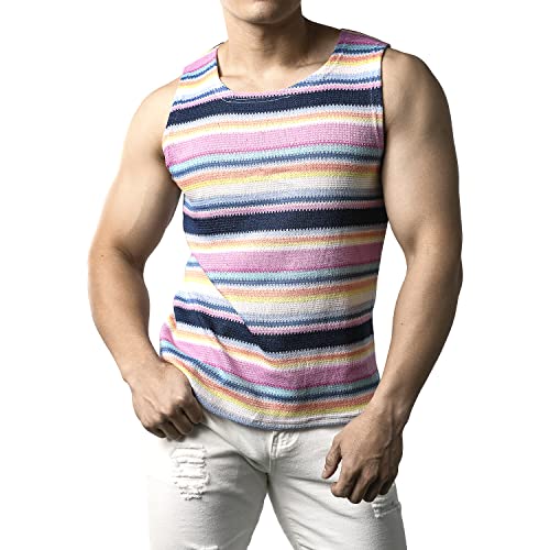 JOGAL Herren Regenbogen Gestreifte Ärmellos Hemd Mehrfarbig Freizeit Tank Tops Marine Groß von JOGAL