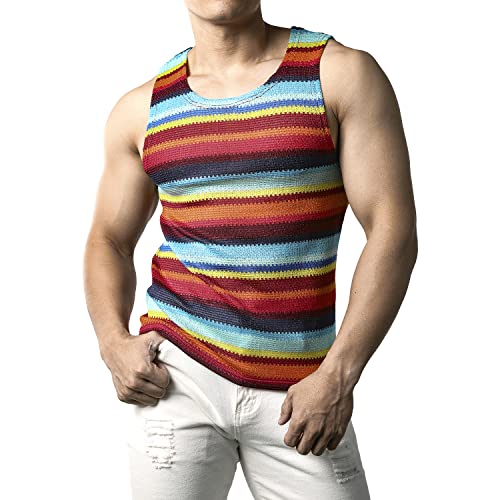 JOGAL Herren Regenbogen Gestreifte Ärmellos Hemd Mehrfarbig Freizeit Tank Tops Rot Groß von JOGAL