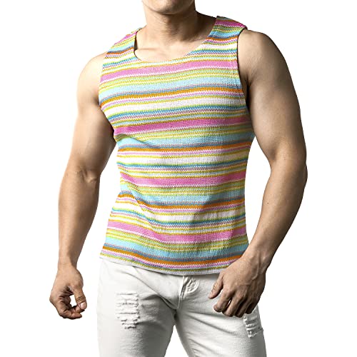 JOGAL Herren Regenbogen Gestreifte Ärmellos Hemd Mehrfarbig Freizeit Tank Tops Weiß Groß von JOGAL