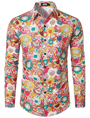 JOGAL Herren Regular Fit Floral Business Hemd Langarm Button Down Print Freizeithemd Beige Daisy Klein von JOGAL