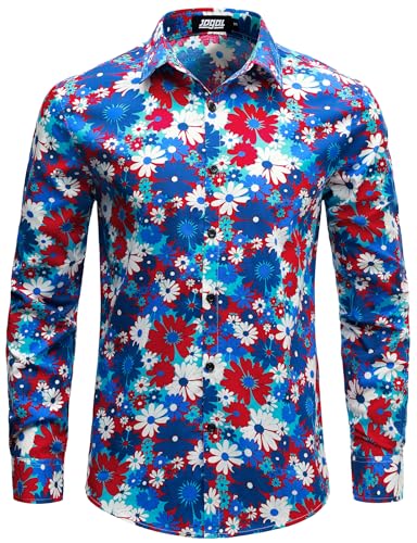 JOGAL Herren Regular Fit Floral Business Hemd Langarm Button Down Print Freizeithemd Blau Rot Gänseblümchen XX-Large von JOGAL
