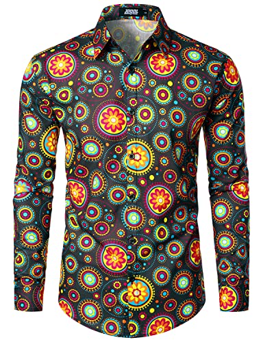 JOGAL Herren Regular Fit Floral Business Hemd Langarm Button Down Print Freizeithemd Braun Kreis Groß von JOGAL