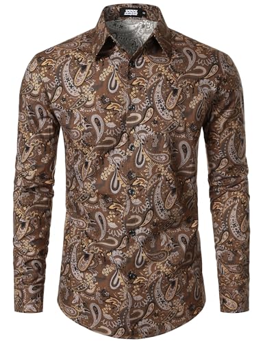 JOGAL Herren Regular Fit Floral Business Hemd Langarm Button Down Print Freizeithemd Braun Paisley Groß von JOGAL