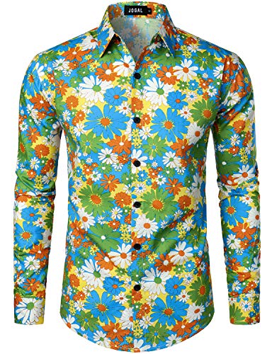 JOGAL Herren Regular Fit Floral Business Hemd Langarm Button Down Print Freizeithemd Gelb Gänseblümchen Groß von JOGAL