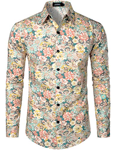 JOGAL Herren Regular Fit Floral Business Hemd Langarm Button Down Print Freizeithemd Grau Pfingstrose Groß von JOGAL