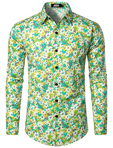 JOGAL Herren Regular Fit Floral Business Hemd Langarm Button Down Print Freizeithemd Grün Blume Groß von JOGAL