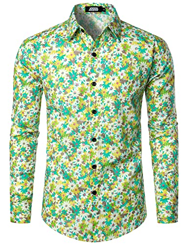 JOGAL Herren Regular Fit Floral Business Hemd Langarm Button Down Print Freizeithemd Grün Blume Klein von JOGAL