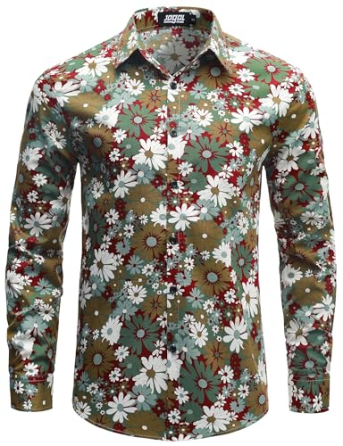 JOGAL Herren Regular Fit Floral Business Hemd Langarm Button Down Print Freizeithemd Khaki Grün Gänseblümchen X-Large von JOGAL