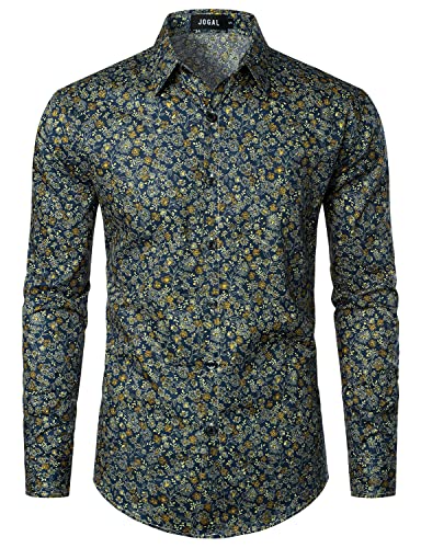 JOGAL Herren Regular Fit Floral Business Hemd Langarm Button Down Print Freizeithemd Marine Floral Groß von JOGAL