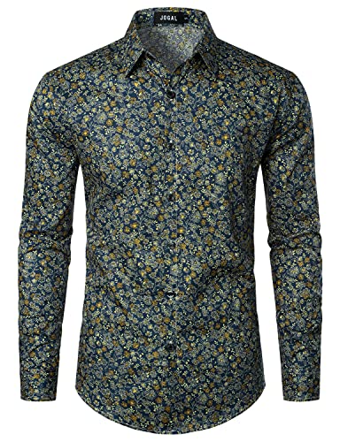 JOGAL Herren Regular Fit Floral Business Hemd Langarm Button Down Print Freizeithemd Marine Floral Klein von JOGAL