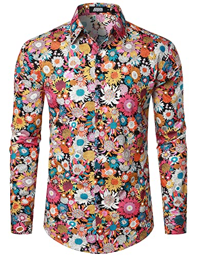 JOGAL Herren Regular Fit Floral Business Hemd Langarm Button Down Print Freizeithemd Schwarz Gänseblümchen Groß von JOGAL