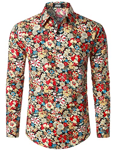JOGAL Herren Regular Fit Floral Business Hemd Langarm Button Down Print Freizeithemd Schwarz Multicolor Klein von JOGAL