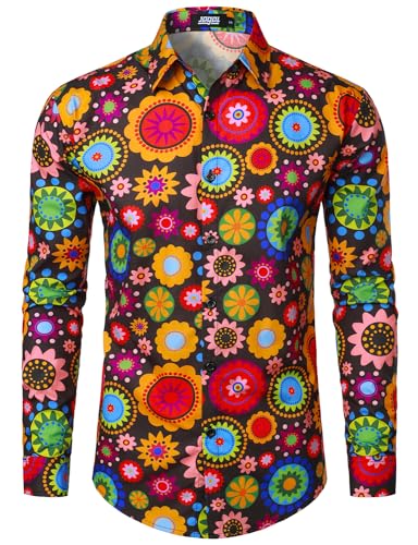 JOGAL Herren Regular Fit Floral Business Hemd Langarm Button Down Print Freizeithemd Schwarzer Blumenkreis XX-Large von JOGAL