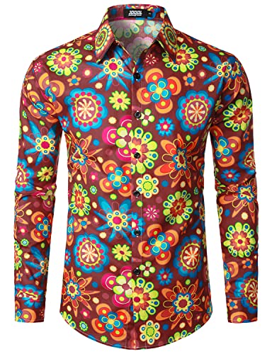 JOGAL Herren Regular Fit Floral Business Hemd Langarm Button Down Print Freizeithemd Weinrot Groß von JOGAL