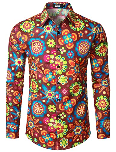 JOGAL Herren Regular Fit Floral Business Hemd Langarm Button Down Print Freizeithemd Weinrot Mittel von JOGAL