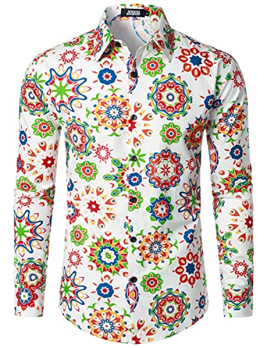 JOGAL Herren Regular Fit Floral Business Hemd Langarm Button Down Print Freizeithemd Weiß Klein von JOGAL