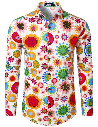 JOGAL Herren Regular Fit Floral Business Hemd Langarm Button Down Print Freizeithemd Weißer Blumenkreis Groß von JOGAL