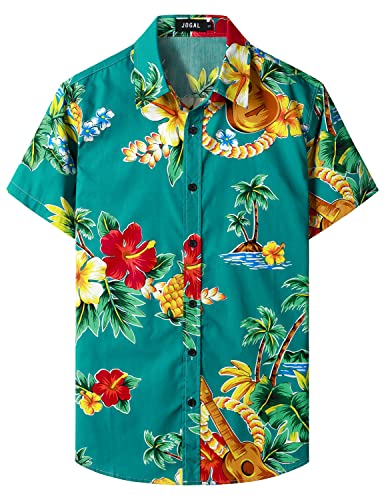 JOGAL Herren Strand Hemd Kurzärmelig Freizeit Button Down Kurzarm Hawaii Hemd für Herren Grüne Gitarre Mittel von JOGAL