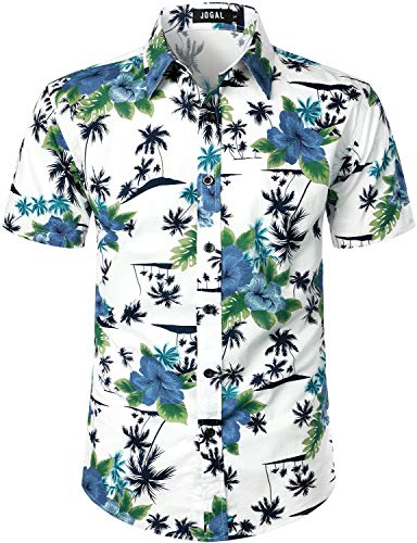 JOGAL Herren Strand Hemd Kurzärmelig Freizeit Button Down Kurzarm Hawaii Hemd für Herren Large Weiß Grün von JOGAL