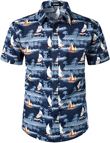 JOGAL Herren Strand Hemd Kurzärmelig Freizeit Button Down Kurzarm Hawaii Hemd für Herren Medium Blau Weiß von JOGAL