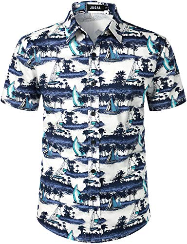 JOGAL Herren Strand Hemd Kurzärmelig Freizeit Button Down Kurzarm Hawaii Hemd für Herren Medium Weiß von JOGAL