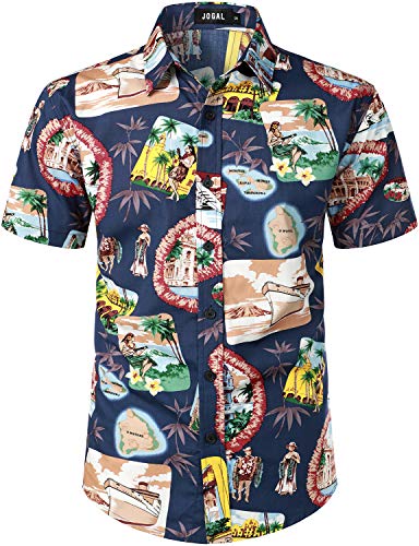 JOGAL Herren Strand Hemd Kurzärmelig Freizeit Button Down Kurzarm Hawaii Hemd für Herren X-Large Blau Braun von JOGAL