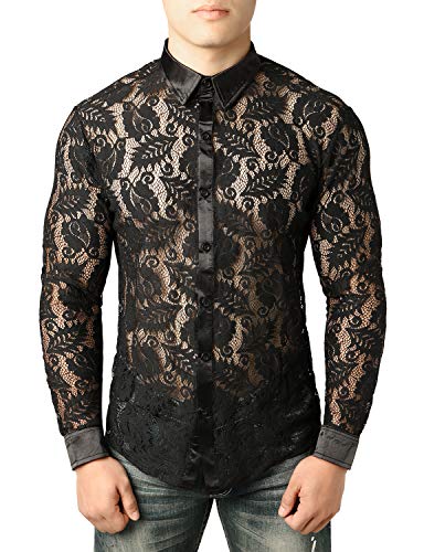 JOGAL Herren Transparent Blumen Spitze Button Down Langarm Hemd, Schwarz Blätter, L von JOGAL