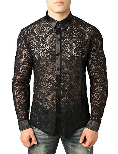 JOGAL Herren Transparent Blumen Spitze Button Down Langarm Hemd, Schwarz Hahnenkamm, XL von JOGAL