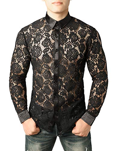 JOGAL Herren Transparent Blumen Spitze Button Down Langarm Hemd, Schwarz Rose, M von JOGAL