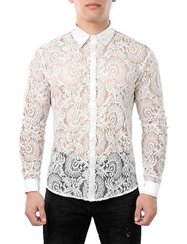 JOGAL Herren Transparent Blumen Spitze Button Down Langarm Hemd Large WeißHahnenkamm von JOGAL