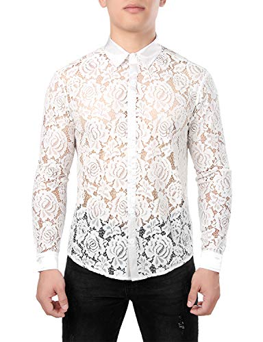 JOGAL Herren Transparent Blumen Spitze Button Down Langarm Hemd Large WeißRose von JOGAL