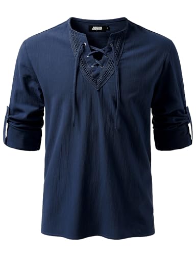 JOGAL Herren Vintage Renaissance Kostüm Schnürung Hemd Langarm Baumwolle Freizeithemd für Mittelalterliches Wikinger Piraten Groß Marine von JOGAL