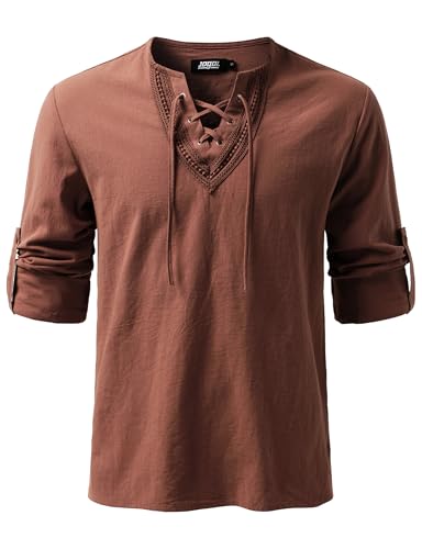 JOGAL Herren Vintage Renaissance Kostüm Schnürung Hemd Langarm Baumwolle Freizeithemd für Mittelalterliches Wikinger Piraten Groß Rot Braun von JOGAL