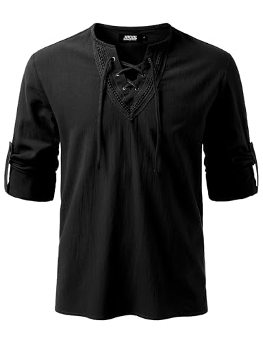 JOGAL Herren Vintage Renaissance Kostüm Schnürung Hemd Langarm Baumwolle Freizeithemd für Mittelalterliches Wikinger Piraten Klein Schwarz von JOGAL