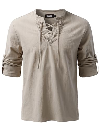 JOGAL Herren Vintage Renaissance Kostüm Schnürung Hemd Langarm Baumwolle Freizeithemd für Mittelalterliches Wikinger Piraten X-Large Beige von JOGAL