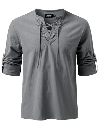 JOGAL Herren Vintage Renaissance Kostüm Schnürung Hemd Langarm Baumwolle Freizeithemd für Mittelalterliches Wikinger Piraten X-Large Dunkel Grau von JOGAL