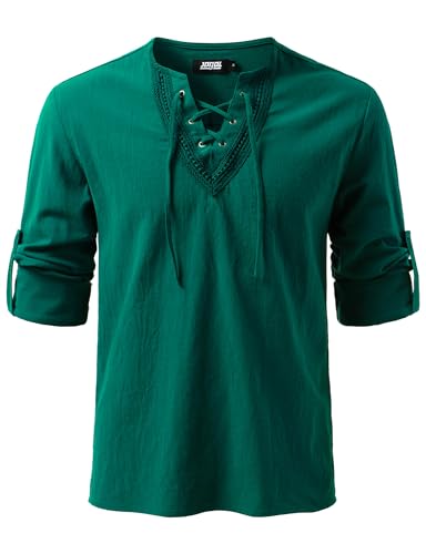 JOGAL Herren Vintage Renaissance Kostüm Schnürung Hemd Langarm Baumwolle Freizeithemd für Mittelalterliches Wikinger Piraten X-Large Dunkel Grün von JOGAL